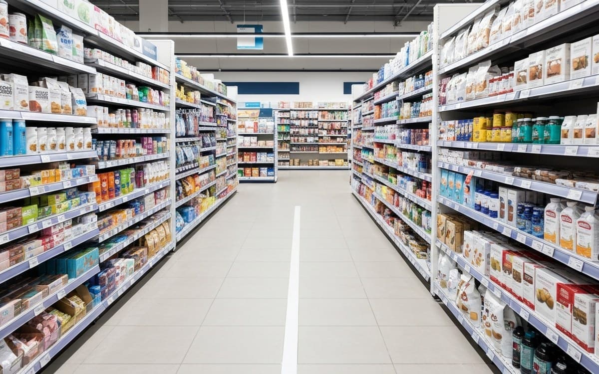 A stocked supermarket aisle illustrates the retail setting; this is not the client's premises.