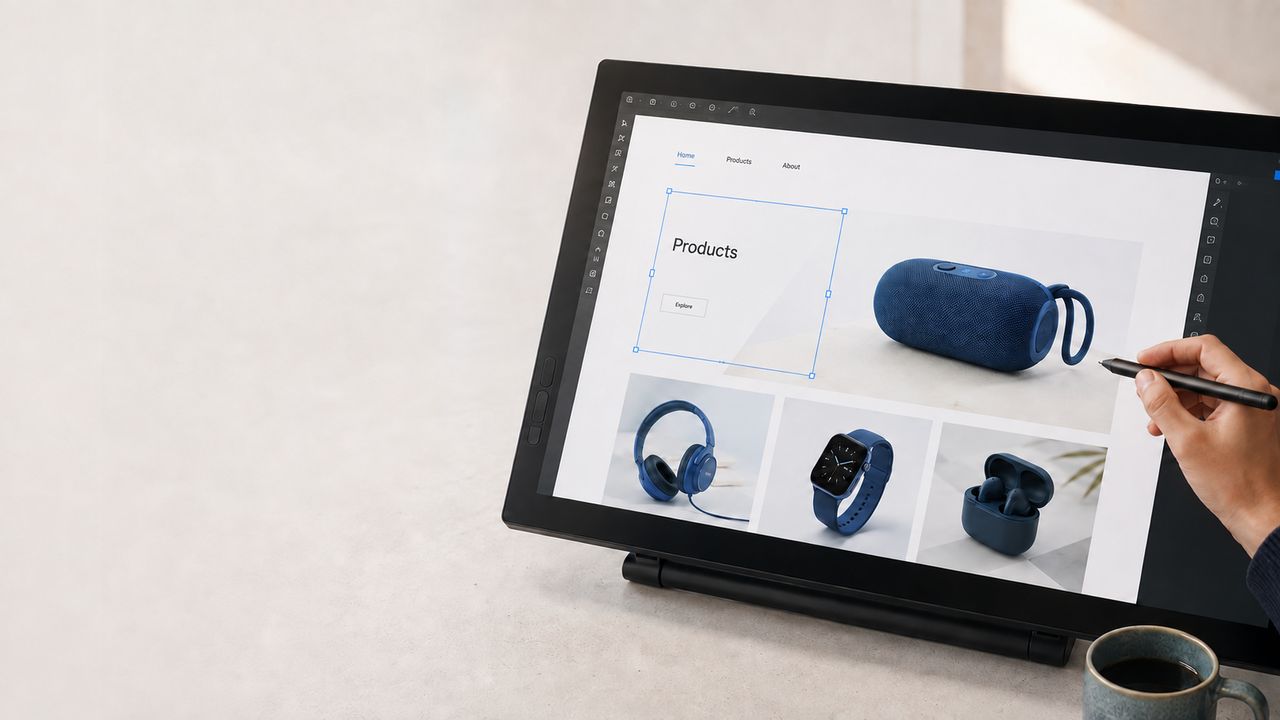 A hand uses a stylus to shape a product website layout, representing website and application creation.